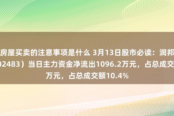 房屋买卖的注意事项是什么 3月13日股市必读：润邦股份（002483）当日主力资金净流出1096.2万元，占总成交额10.4%