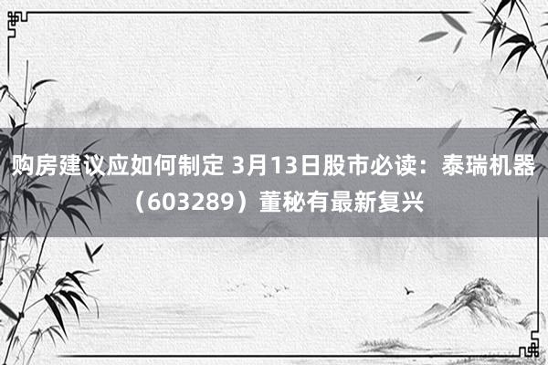 购房建议应如何制定 3月13日股市必读：泰瑞机器（603289）董秘有最新复兴